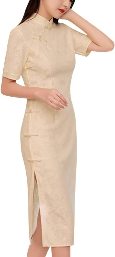 Women's Short Sleeve Midi Cheongsam Elegant Ivory Mandarin Collar Embroidery Side Slit Chinese Qipao Bodycon Dress