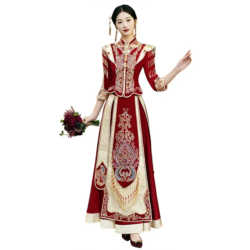 S0129G   Satin Heavy Work Show the Bride  High -end Luxury New  Dragon Phoenix Gown Chinese Women's Dresses Wedding