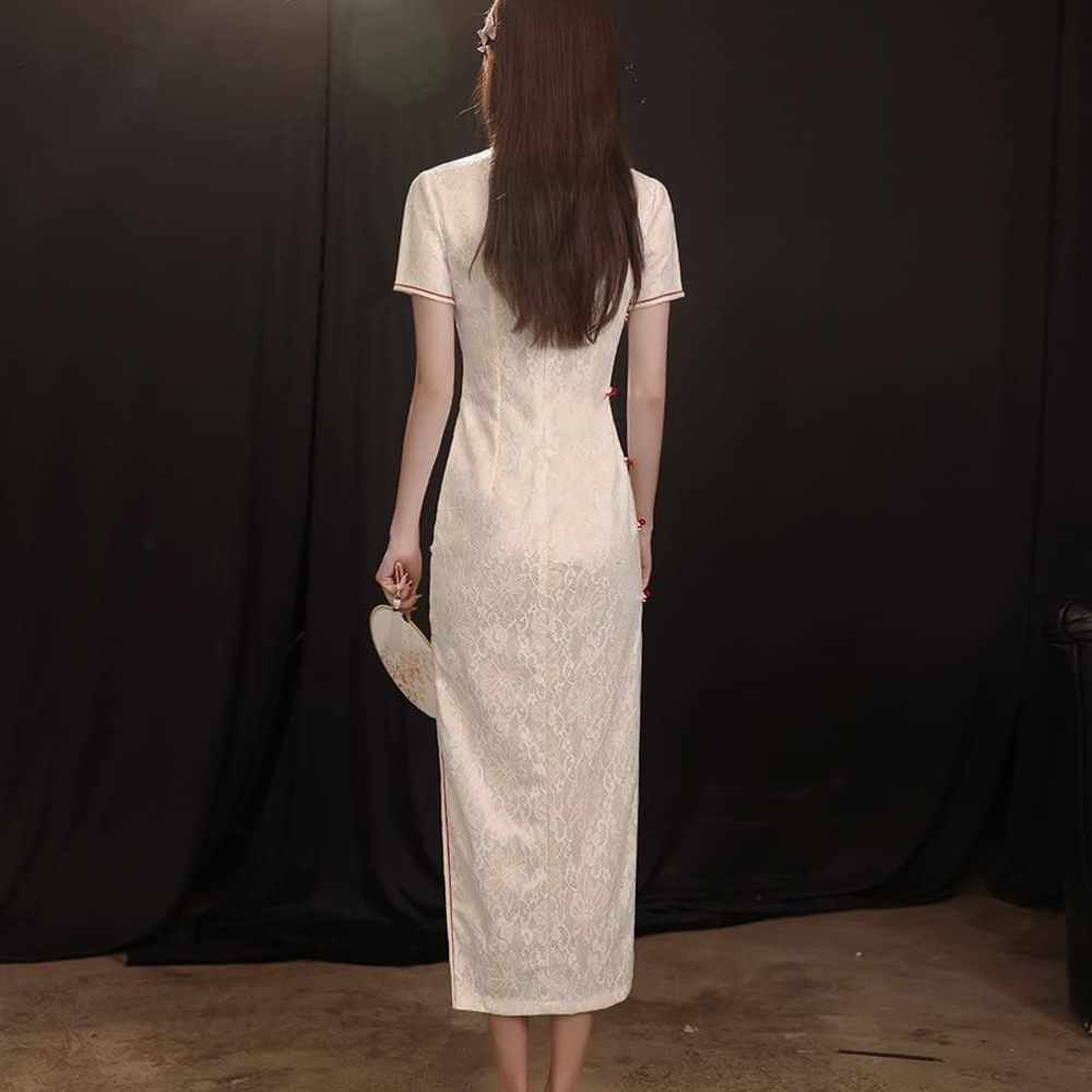 Deluxe Maxi Cheongsam Cap Sleeve Manarin Collar Slim Fit Side Slit Chinese Qipao Dress Evening Party Formal Wear