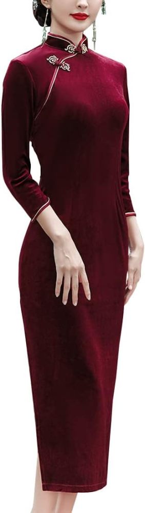 Chinese Traditional Velour Cheongsam Maxi Dress Elegant Women Long Sleeve Side Slit Slim Fit Qipao Party Dress