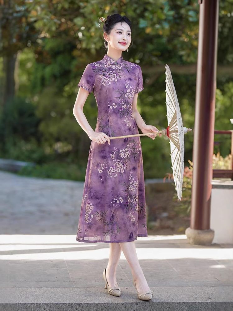 Women Summer Qipao Ao Dai Cheongsam Elegant A-Linien Dress Short Sleeve Chinese Style Dress Hanfu Tang Suit