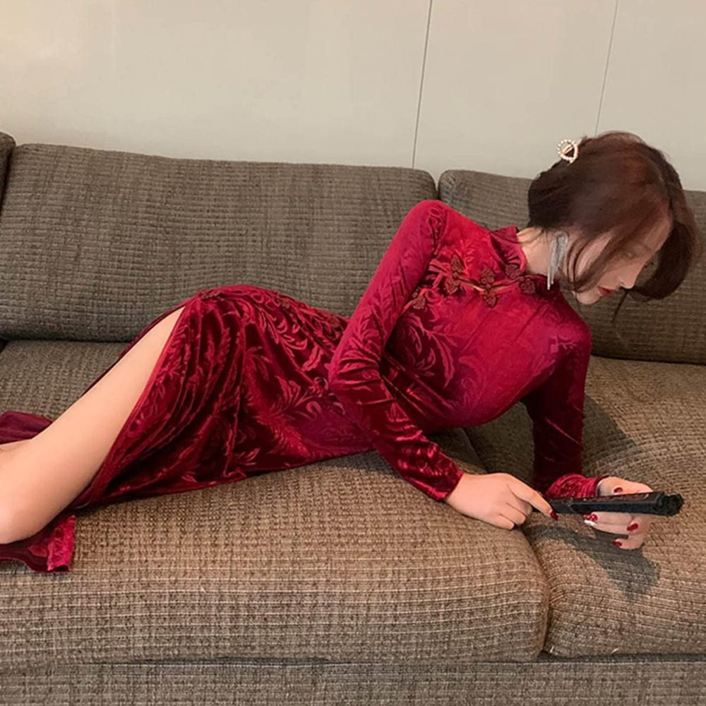 Women's Sexy High Slit Cheongsam Midi Dress Elegant Velvet Mandarin Collar Chinese Qipao Party Dress