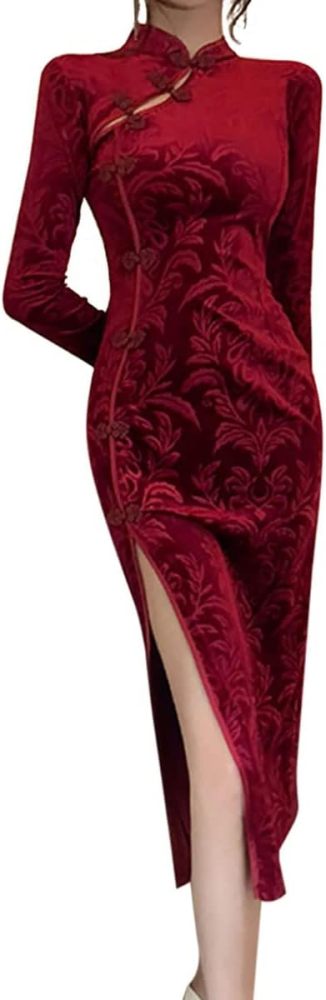Women's Sexy High Slit Cheongsam Midi Dress Elegant Velvet Mandarin Collar Chinese Qipao Party Dress