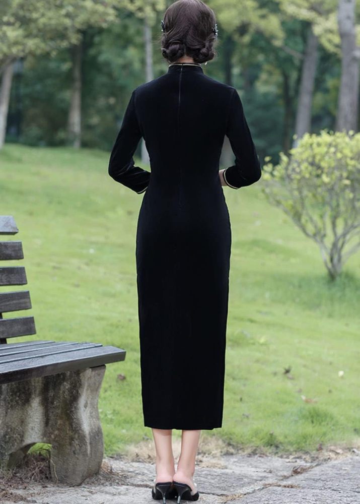 Chinese Traditional Velour Cheongsam Maxi Dress Elegant Women Long Sleeve Side Slit Slim Fit Qipao Party Dress
