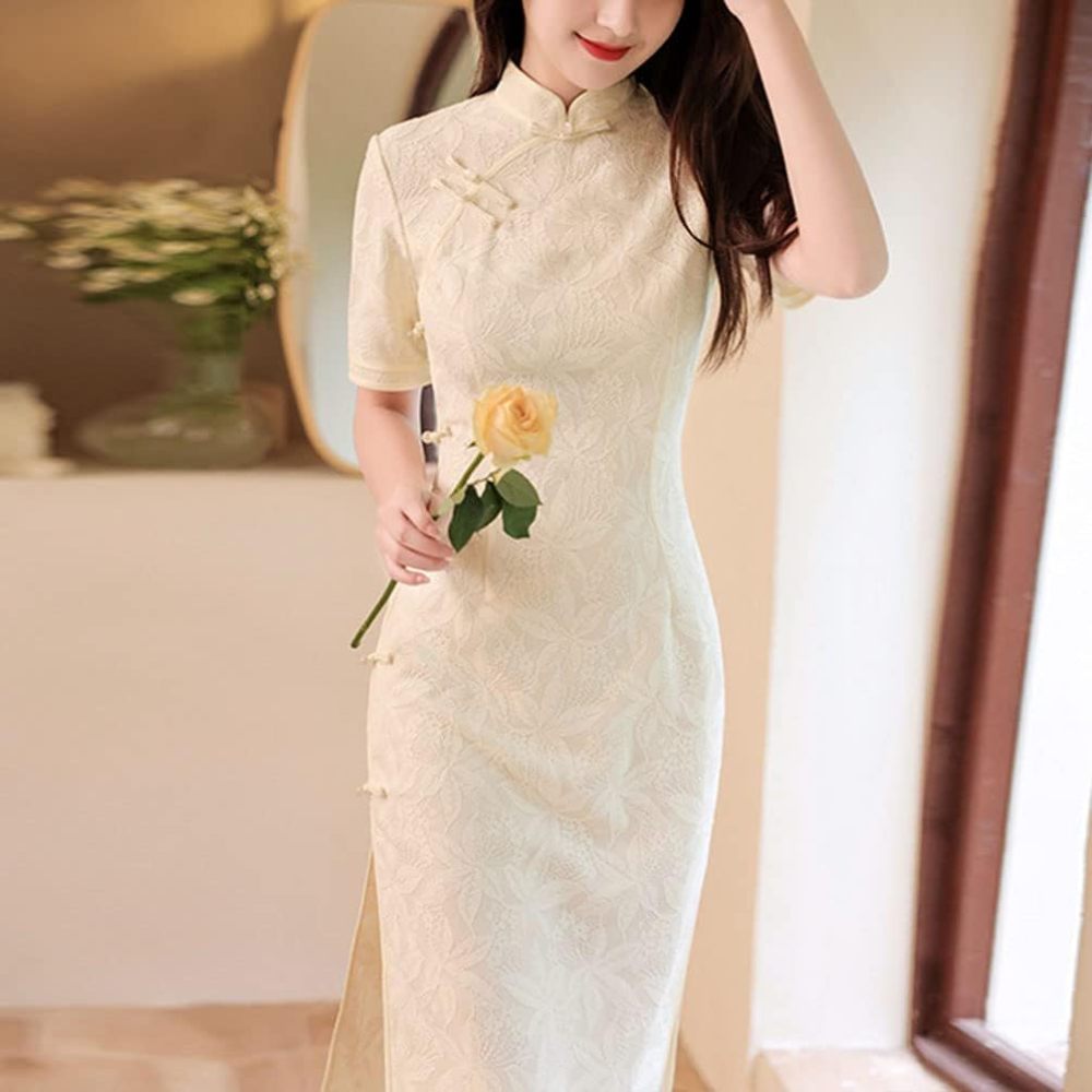 Women's Short Sleeve Midi Cheongsam Elegant Ivory Mandarin Collar Embroidery Side Slit Chinese Qipao Bodycon Dress