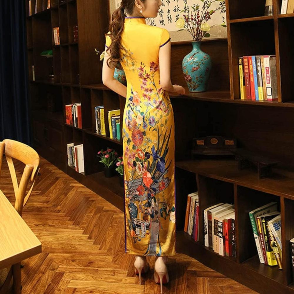 Deluxe Maxi Cheongsam Cap Sleeve Manarin Collar Slim Fit Side Slit Chinese Qipao Dress Evening Party Formal Wear
