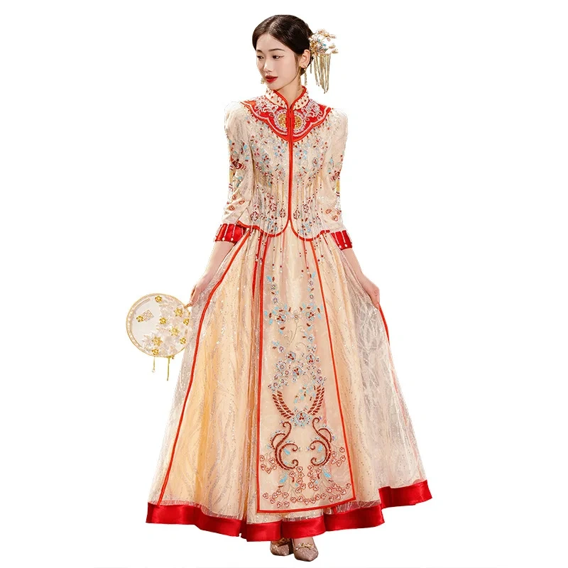S0114G  Champagne Xiuhe Service Bride's New Toasting Clothes Light Luxury High -level Heavy Workers Dragon Chinese Wedding Dress