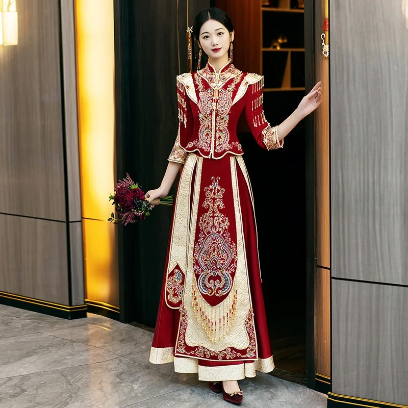 S0129G   Satin Heavy Work Show the Bride  High -end Luxury New  Dragon Phoenix Gown Chinese Women's Dresses Wedding