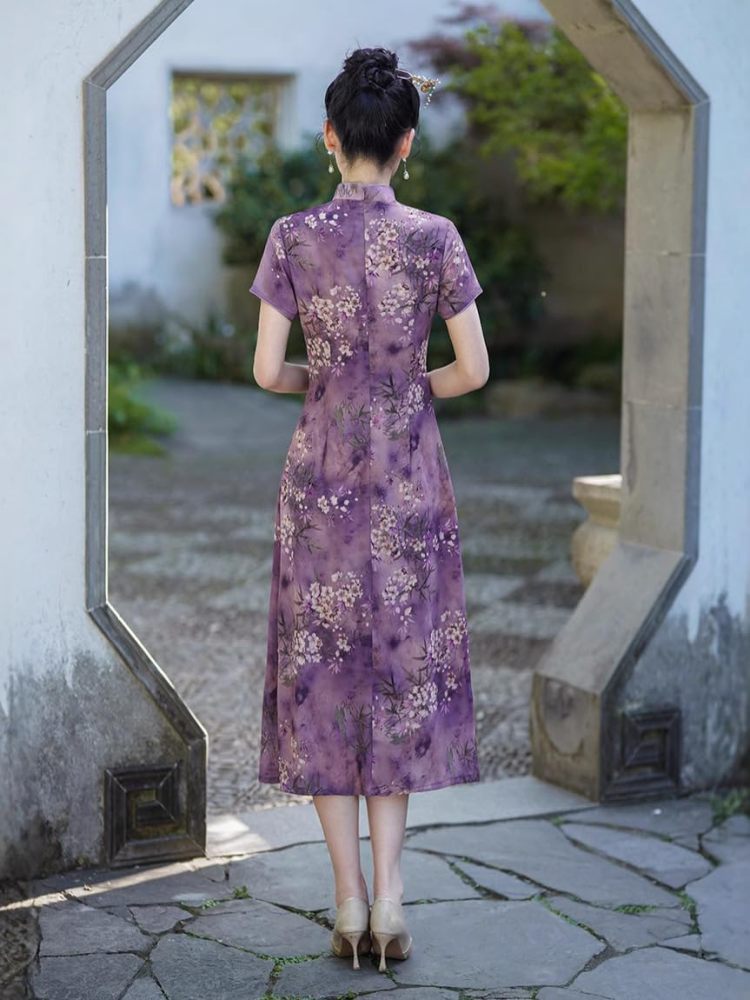 Women Summer Qipao Ao Dai Cheongsam Elegant A-Linien Dress Short Sleeve Chinese Style Dress Hanfu Tang Suit