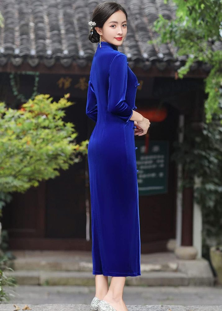 Chinese Traditional Velour Cheongsam Maxi Dress Elegant Women Long Sleeve Side Slit Slim Fit Qipao Party Dress