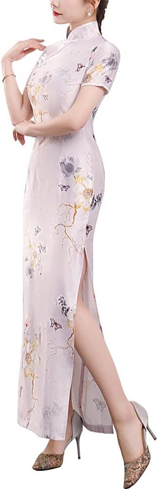 Deluxe Maxi Cheongsam Cap Sleeve Manarin Collar Slim Fit Side Slit Chinese Qipao Dress Evening Party Formal Wear