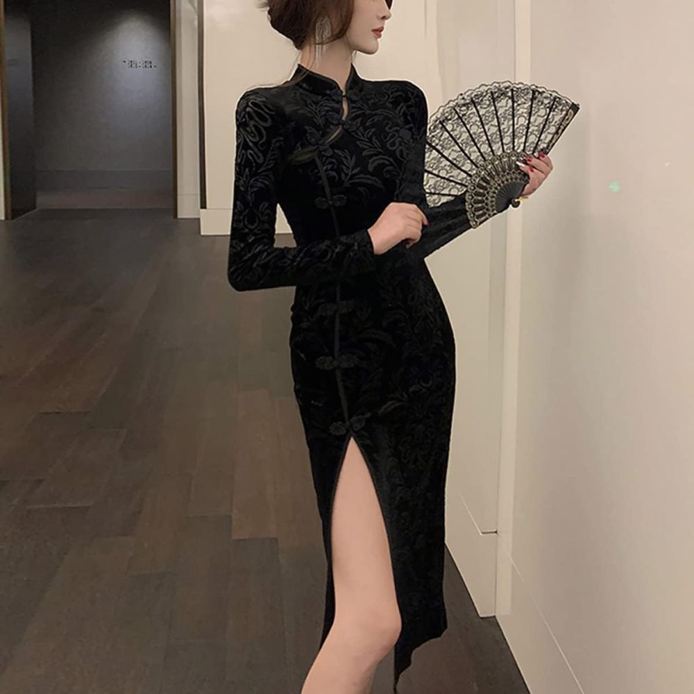Women's Sexy High Slit Cheongsam Midi Dress Elegant Velvet Mandarin Collar Chinese Qipao Party Dress