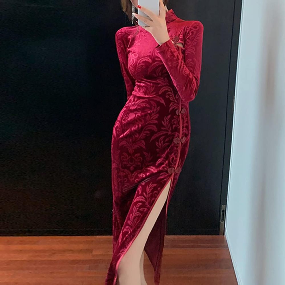 Women's Sexy High Slit Cheongsam Midi Dress Elegant Velvet Mandarin Collar Chinese Qipao Party Dress