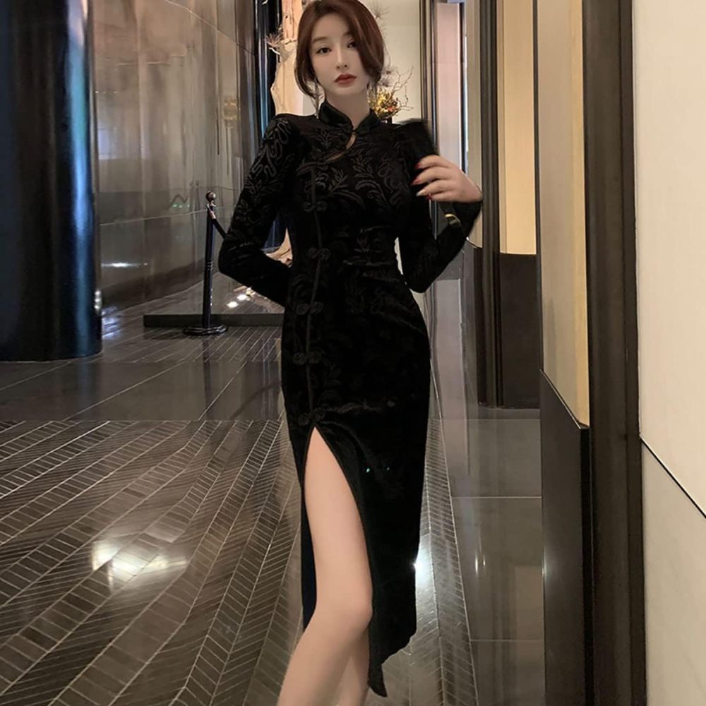 Women's Sexy High Slit Cheongsam Midi Dress Elegant Velvet Mandarin Collar Chinese Qipao Party Dress