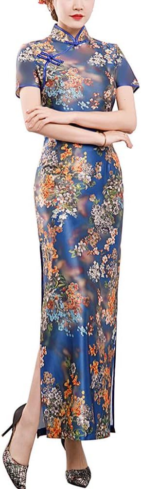 Deluxe Maxi Cheongsam Cap Sleeve Manarin Collar Slim Fit Side Slit Chinese Qipao Dress Evening Party Formal Wear