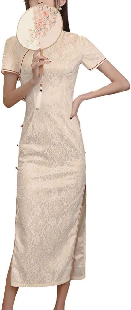 Deluxe Maxi Cheongsam Cap Sleeve Manarin Collar Slim Fit Side Slit Chinese Qipao Dress Evening Party Formal Wear