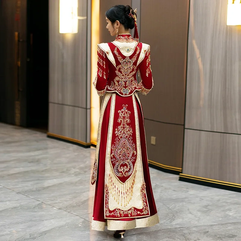 S0129G   Satin Heavy Work Show the Bride  High -end Luxury New  Dragon Phoenix Gown Chinese Women's Dresses Wedding