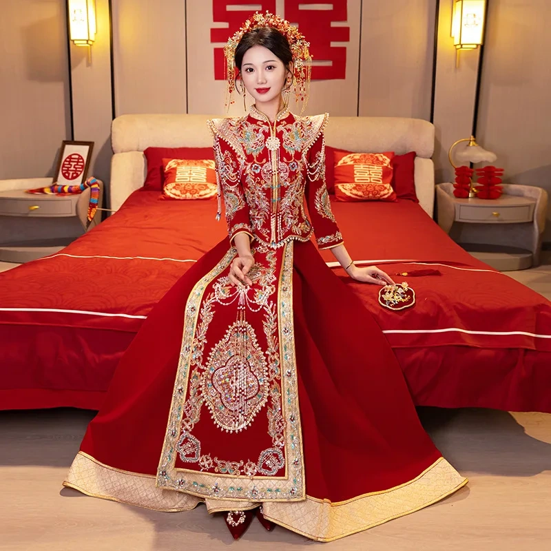 S0101G    Drop Shipping  2024 New High -end Texture Bride  Velvet Heavy Work Show Chinese Plus Size Wedding Dresses for Bride