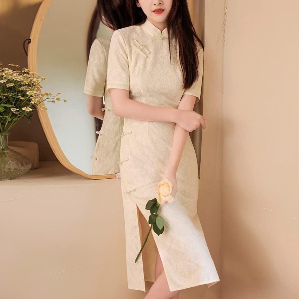 Women's Short Sleeve Midi Cheongsam Elegant Ivory Mandarin Collar Embroidery Side Slit Chinese Qipao Bodycon Dress
