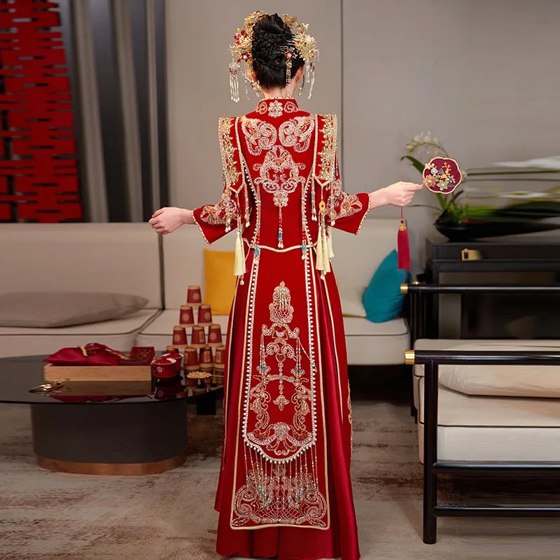 S0119G   Heavy Gong Xia Xiu Xiuhe Grand Graduate Phoenix Gown Marriage Luxury Velvet Show Chinese Women Dress for Wedding Party