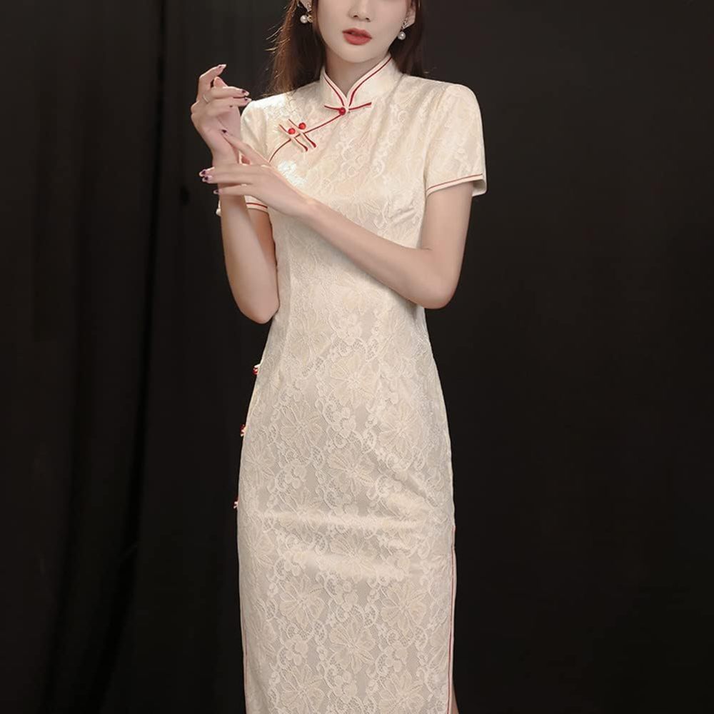 Deluxe Maxi Cheongsam Cap Sleeve Manarin Collar Slim Fit Side Slit Chinese Qipao Dress Evening Party Formal Wear