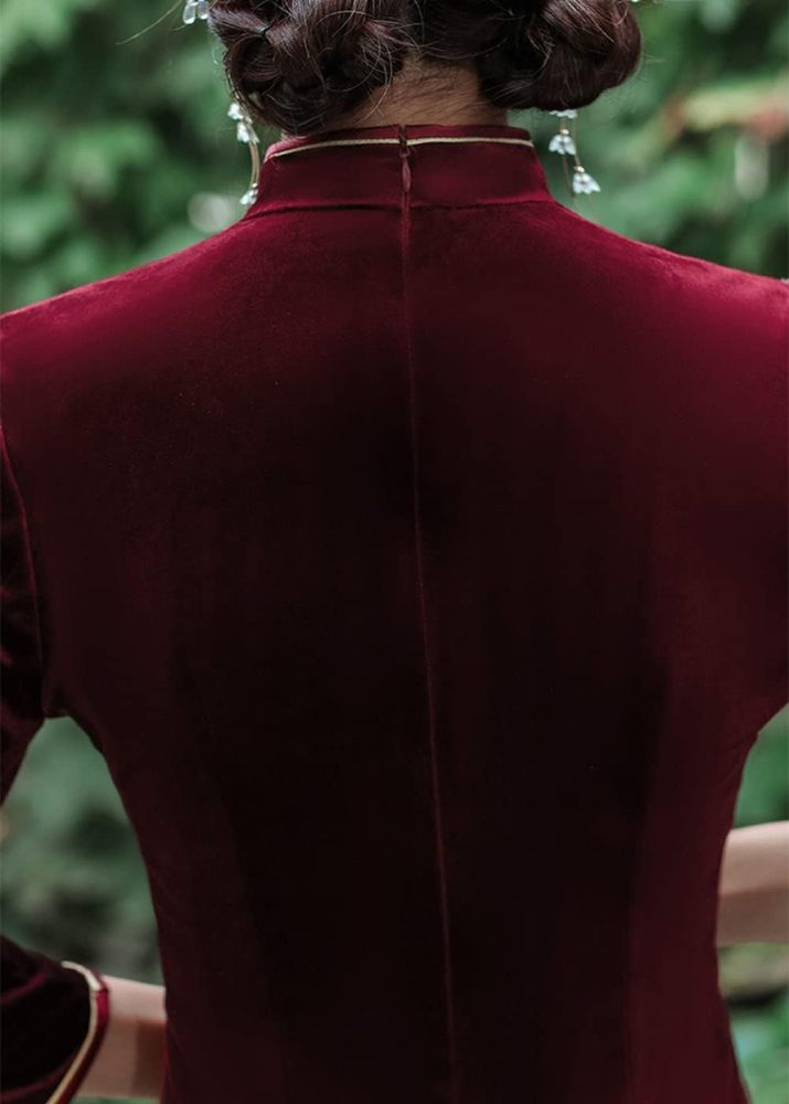 Chinese Traditional Velour Cheongsam Maxi Dress Elegant Women Long Sleeve Side Slit Slim Fit Qipao Party Dress