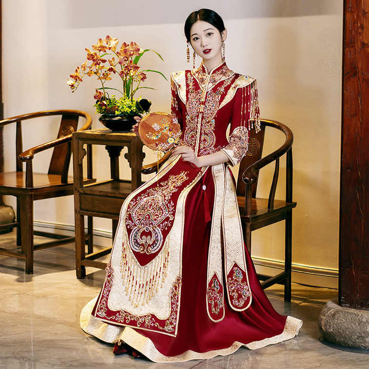 S0129G   Satin Heavy Work Show the Bride  High -end Luxury New  Dragon Phoenix Gown Chinese Women's Dresses Wedding