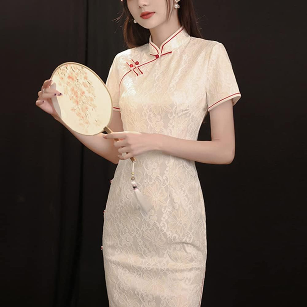 Deluxe Maxi Cheongsam Cap Sleeve Manarin Collar Slim Fit Side Slit Chinese Qipao Dress Evening Party Formal Wear