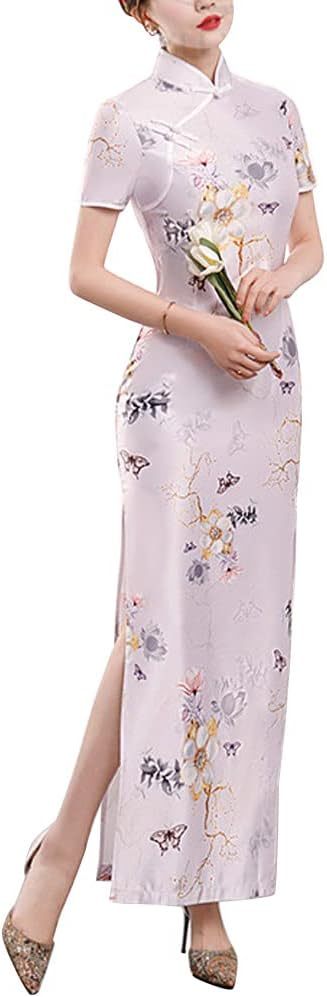 Deluxe Maxi Cheongsam Cap Sleeve Manarin Collar Slim Fit Side Slit Chinese Qipao Dress Evening Party Formal Wear