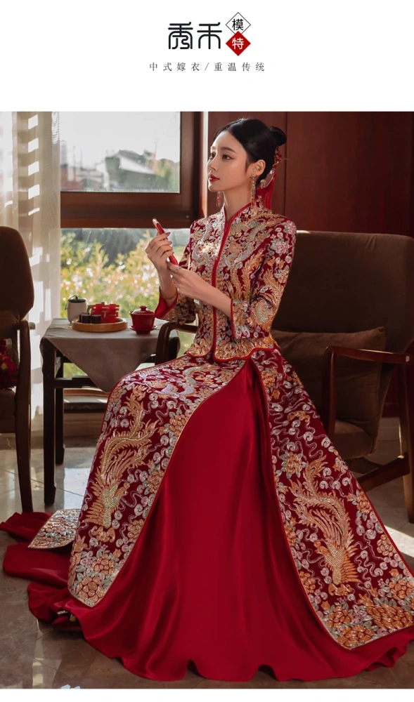 S0978G    2024 New Hot-selling High-end Dragon Phoenix Gown Velvet Slim  Chinese Style Wedding Luxury Wedding Dresses for Women