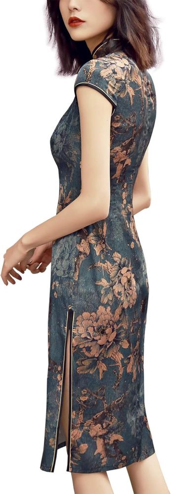 Women's Greenish Blue Traditional Flowers Chinese Dress