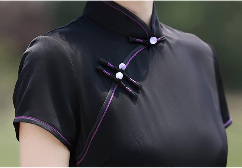 Women's Short Sleeve Midi Cheongsam Elegant Ivory Mandarin Collar Embroidery Side Slit Chinese Qipao Bodycon Dress