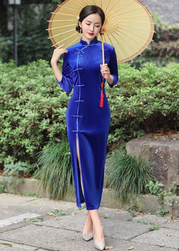 Chinese Traditional Velour Cheongsam Maxi Dress Elegant Women Long Sleeve Side Slit Slim Fit Qipao Party Dress
