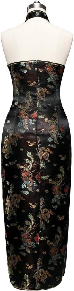 7Fairy Women's Black Backless Long Chinese Prom Dress Dragon Halter
