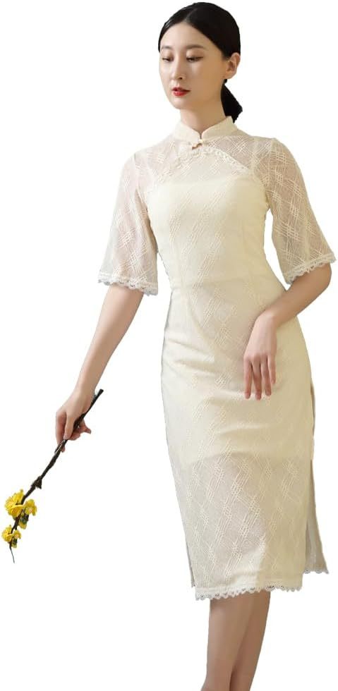 ROYAL SMEELA Chinese Qipao Dress for Women Lace Cheongsam Dress Mandarin Collar Chinese Dresses Traditional Clothes