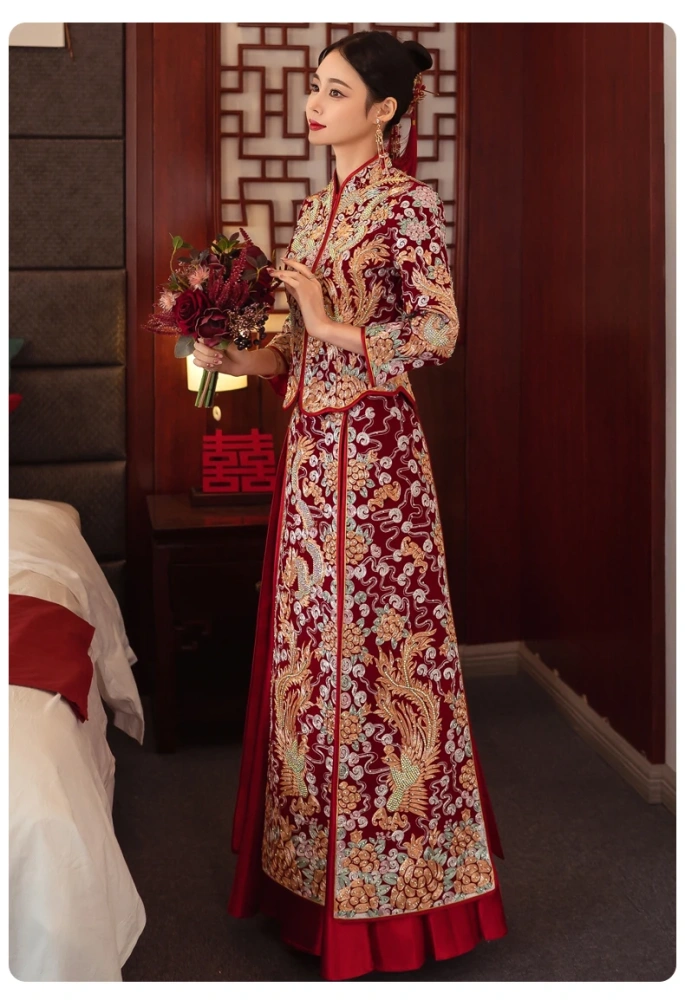 S0978G    2024 New Hot-selling High-end Dragon Phoenix Gown Velvet Slim  Chinese Style Wedding Luxury Wedding Dresses for Women