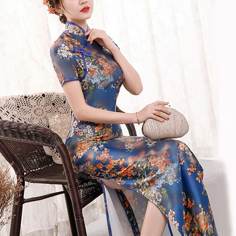 Deluxe Maxi Cheongsam Cap Sleeve Manarin Collar Slim Fit Side Slit Chinese Qipao Dress Evening Party Formal Wear