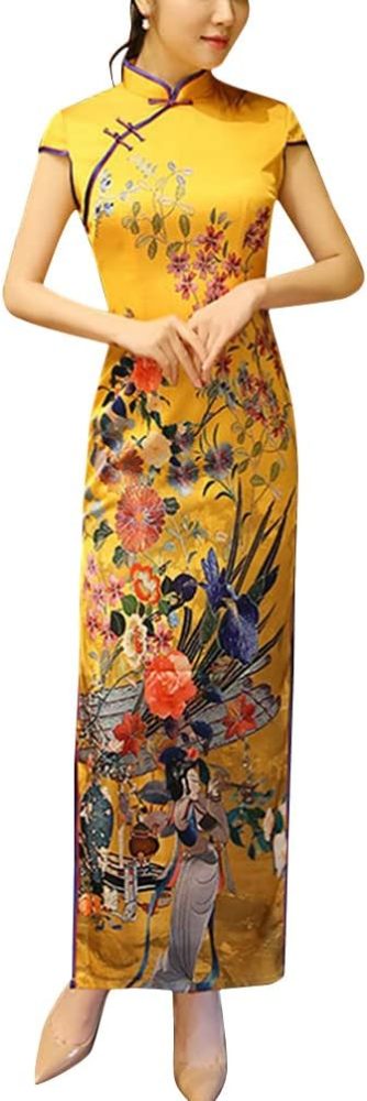 Deluxe Maxi Cheongsam Cap Sleeve Manarin Collar Slim Fit Side Slit Chinese Qipao Dress Evening Party Formal Wear