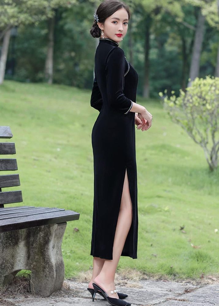Chinese Traditional Velour Cheongsam Maxi Dress Elegant Women Long Sleeve Side Slit Slim Fit Qipao Party Dress