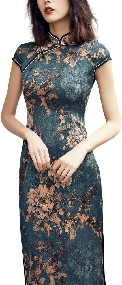 Women's Greenish Blue Traditional Flowers Chinese Dress