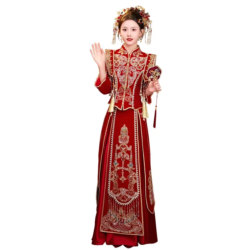 S0119G   Heavy Gong Xia Xiu Xiuhe Grand Graduate Phoenix Gown Marriage Luxury Velvet Show Chinese Women Dress for Wedding Party