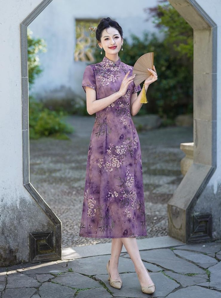 Women Summer Qipao Ao Dai Cheongsam Elegant A-Linien Dress Short Sleeve Chinese Style Dress Hanfu Tang Suit