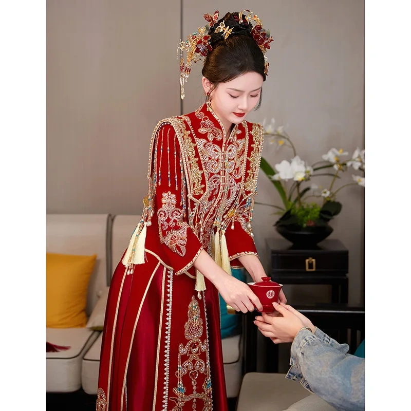 S0119G   Heavy Gong Xia Xiu Xiuhe Grand Graduate Phoenix Gown Marriage Luxury Velvet Show Chinese Women Dress for Wedding Party