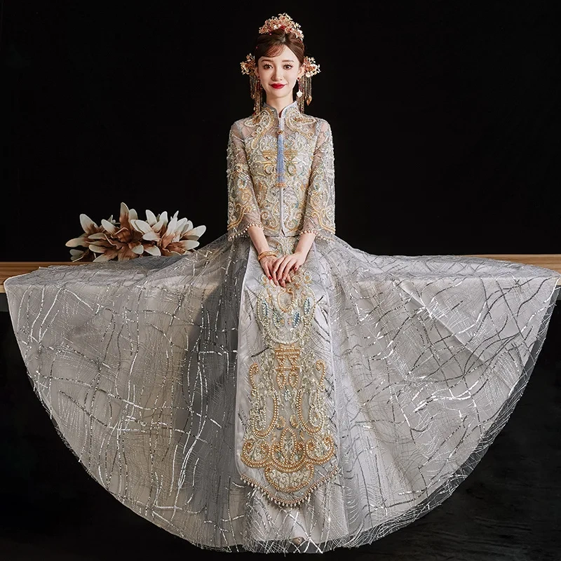 S0133G   Golden Heavy Gongxiu Genoto 2024 New Women's Senior Bride Chinese Long Sleeved Wedding Dress Luxurious
