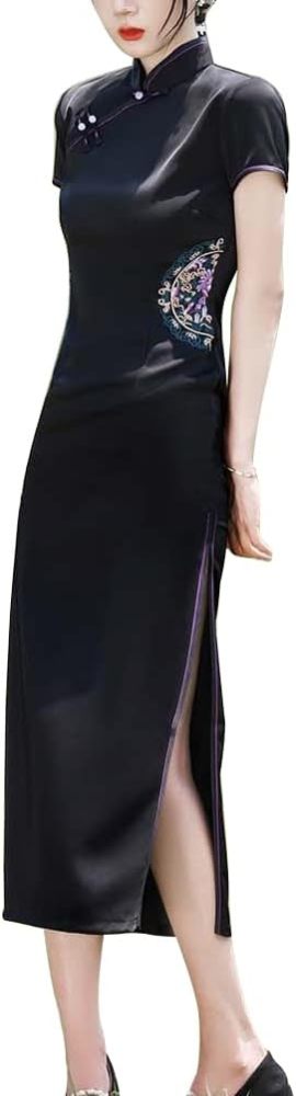 Women's Short Sleeve Midi Cheongsam Elegant Ivory Mandarin Collar Embroidery Side Slit Chinese Qipao Bodycon Dress