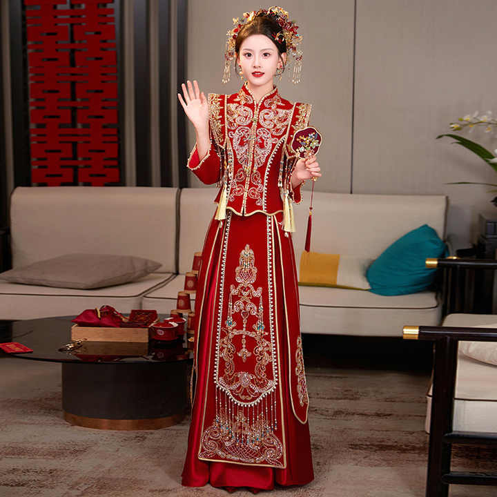 S0119G   Heavy Gong Xia Xiu Xiuhe Grand Graduate Phoenix Gown Marriage Luxury Velvet Show Chinese Women Dress for Wedding Party