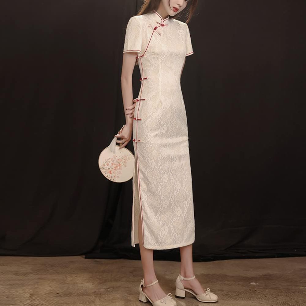 Deluxe Maxi Cheongsam Cap Sleeve Manarin Collar Slim Fit Side Slit Chinese Qipao Dress Evening Party Formal Wear