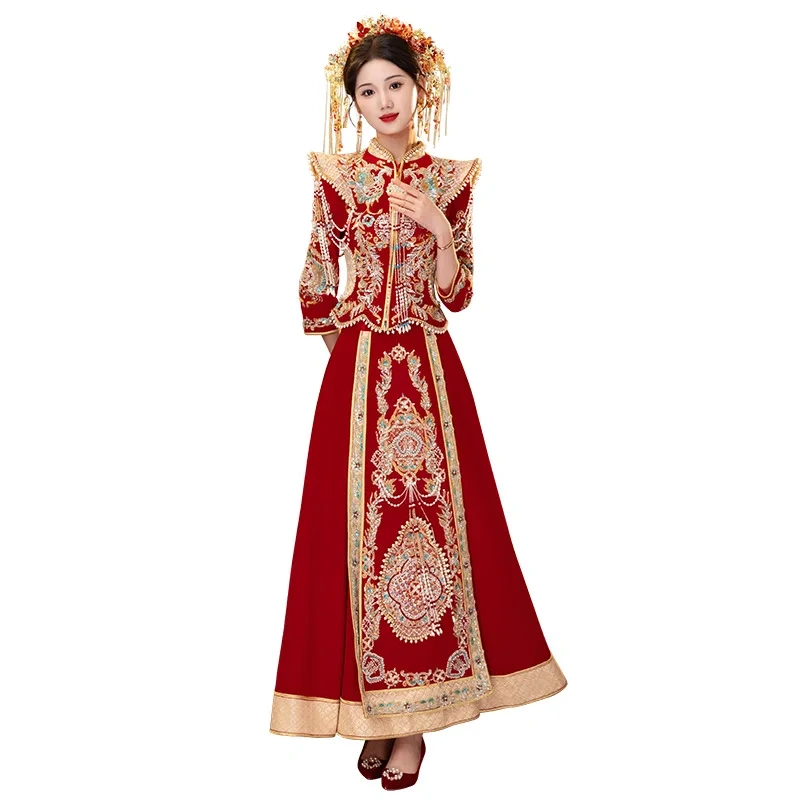 S0101G    Drop Shipping  2024 New High -end Texture Bride  Velvet Heavy Work Show Chinese Plus Size Wedding Dresses for Bride
