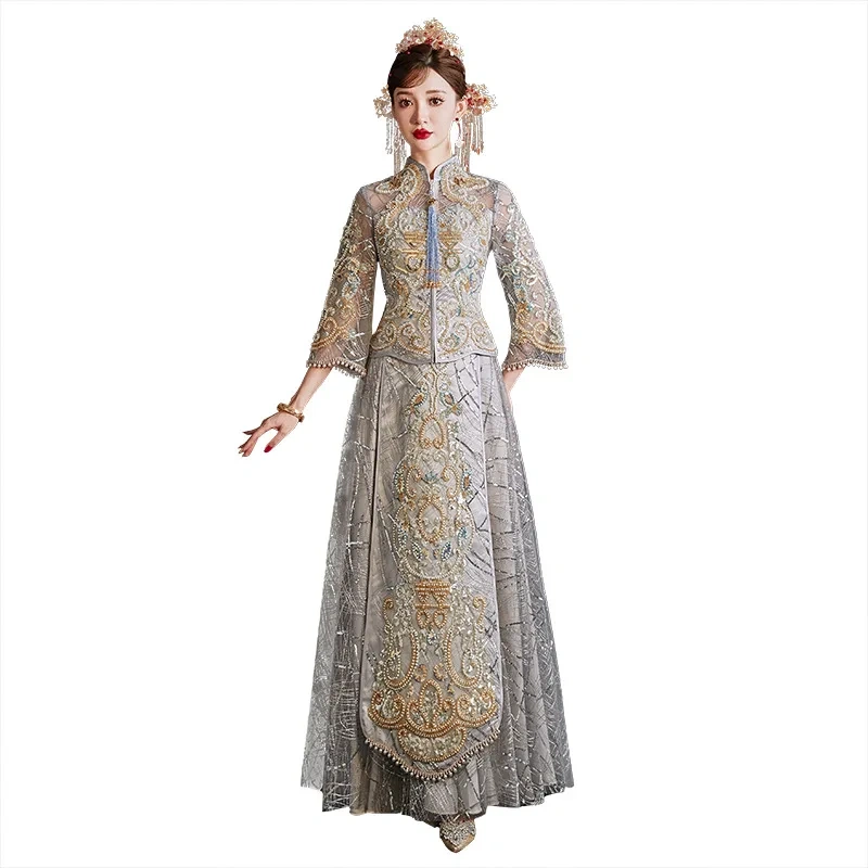 S0133G   Golden Heavy Gongxiu Genoto 2024 New Women's Senior Bride Chinese Long Sleeved Wedding Dress Luxurious