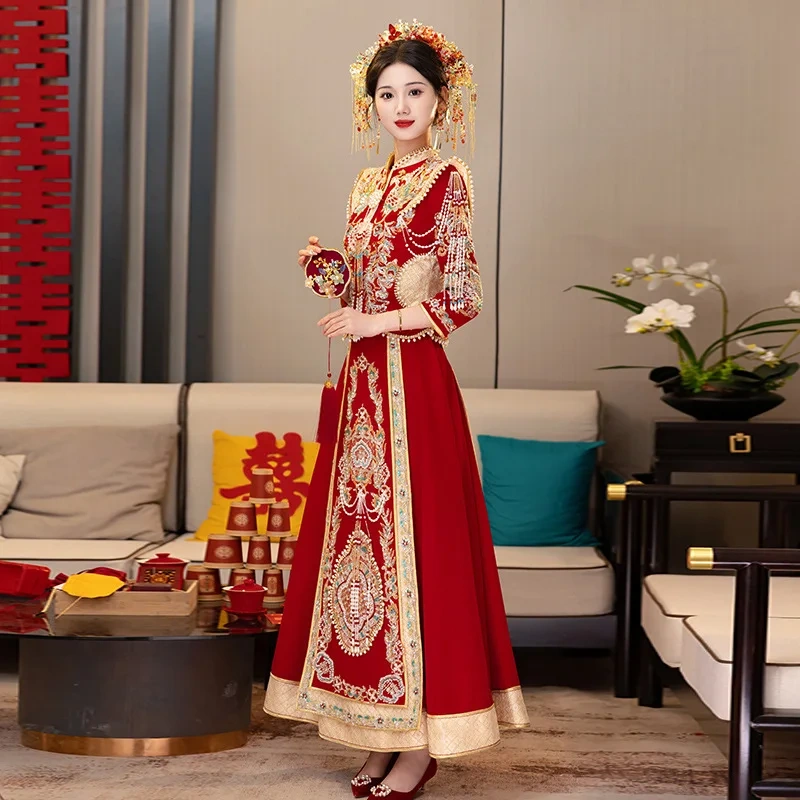 S0101G    Drop Shipping  2024 New High -end Texture Bride  Velvet Heavy Work Show Chinese Plus Size Wedding Dresses for Bride